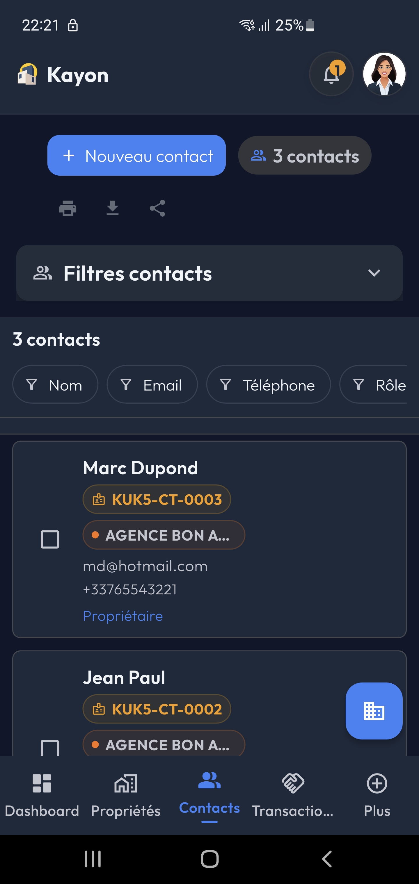 Kayon mobile - gestion des contacts