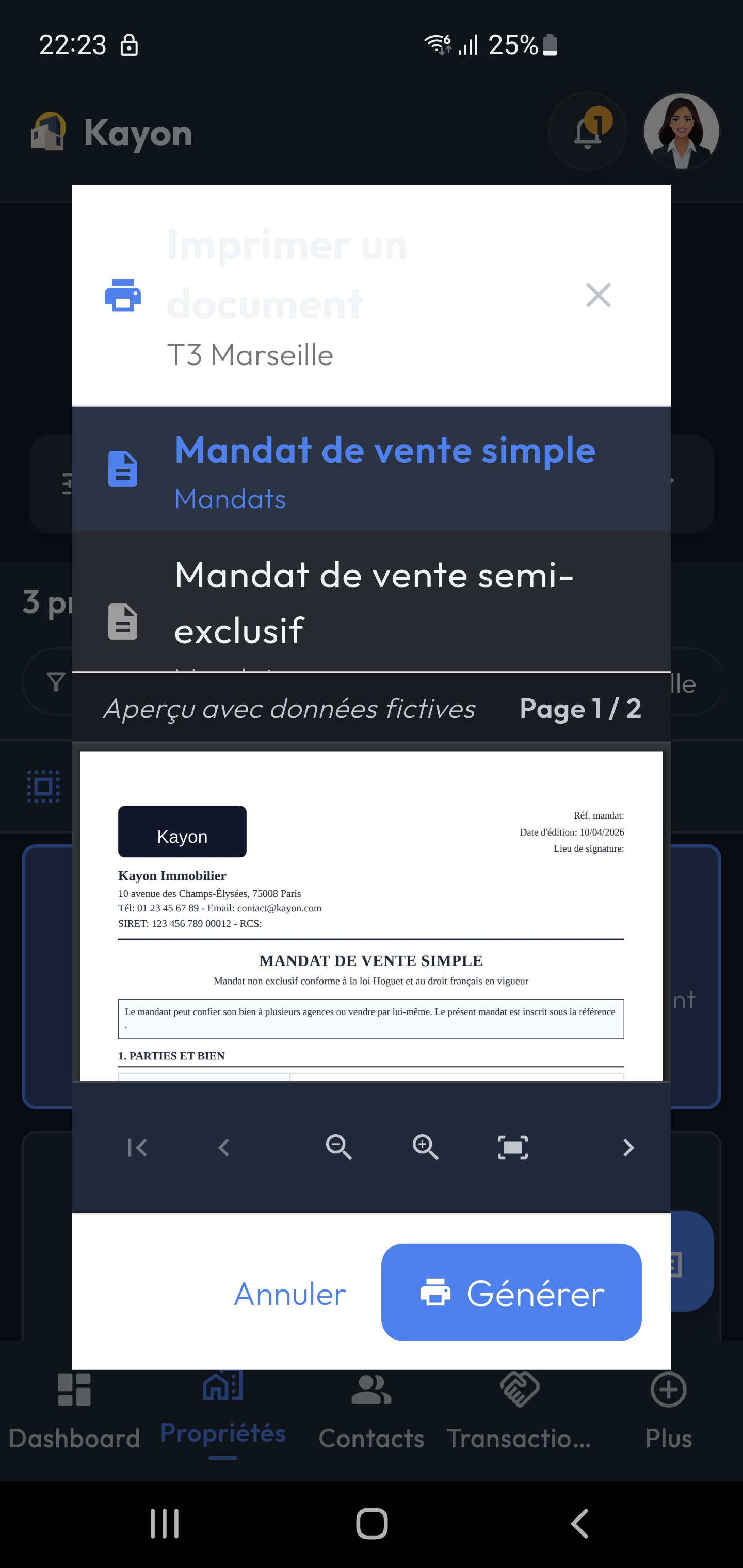 Kayon mobile - fiche propriété avec impression